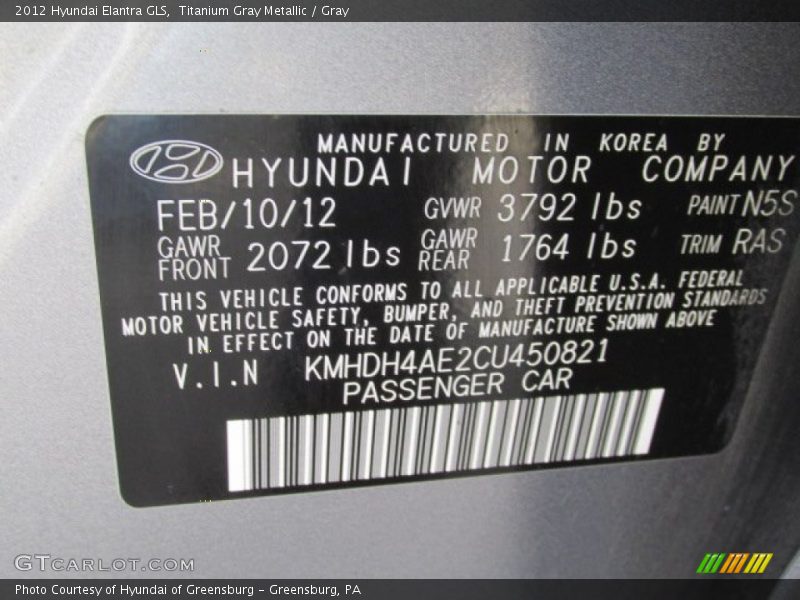 Titanium Gray Metallic / Gray 2012 Hyundai Elantra GLS