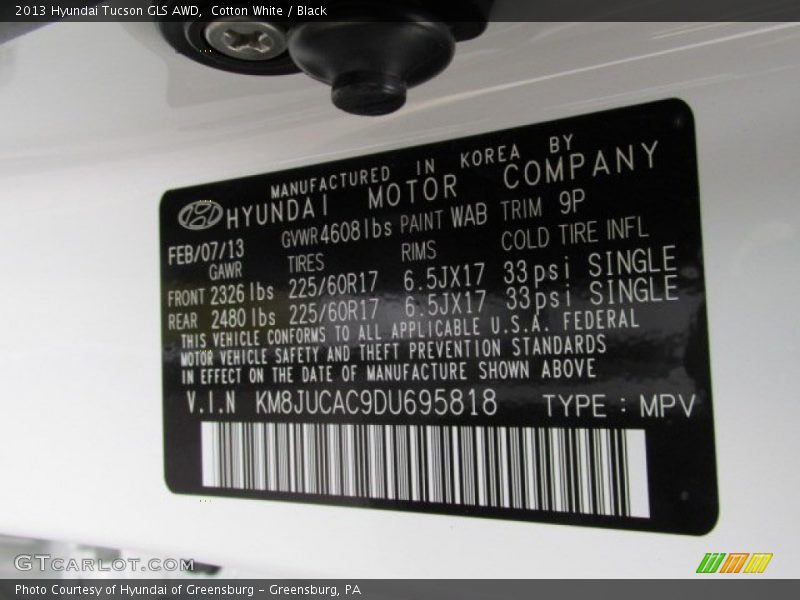 Cotton White / Black 2013 Hyundai Tucson GLS AWD