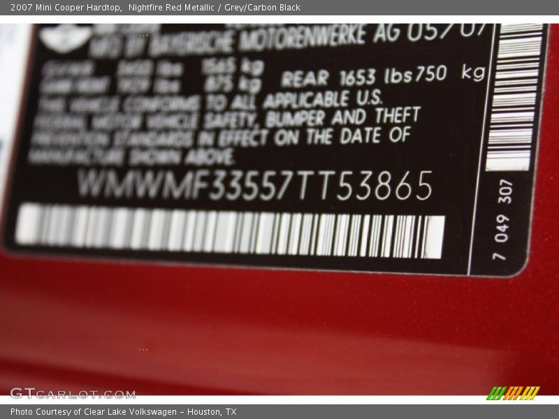 Nightfire Red Metallic / Grey/Carbon Black 2007 Mini Cooper Hardtop