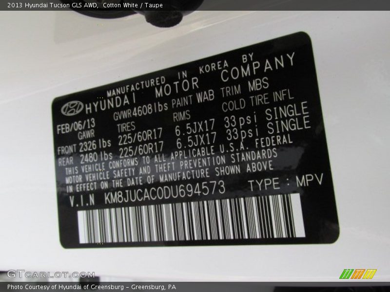 Cotton White / Taupe 2013 Hyundai Tucson GLS AWD