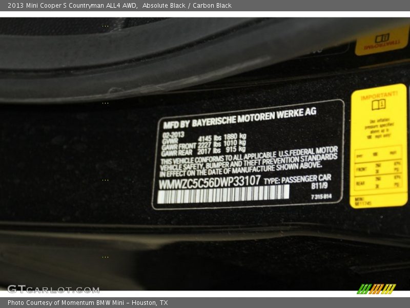 2013 Cooper S Countryman ALL4 AWD Absolute Black Color Code B11