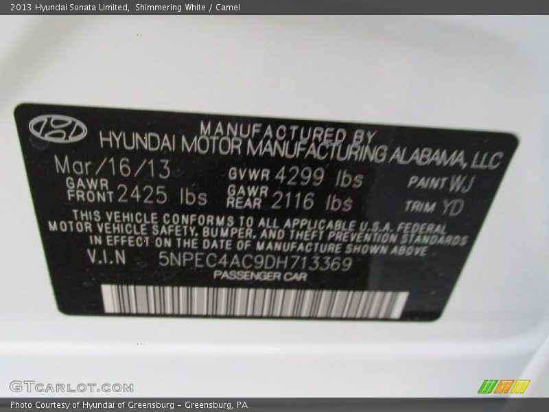 Shimmering White / Camel 2013 Hyundai Sonata Limited
