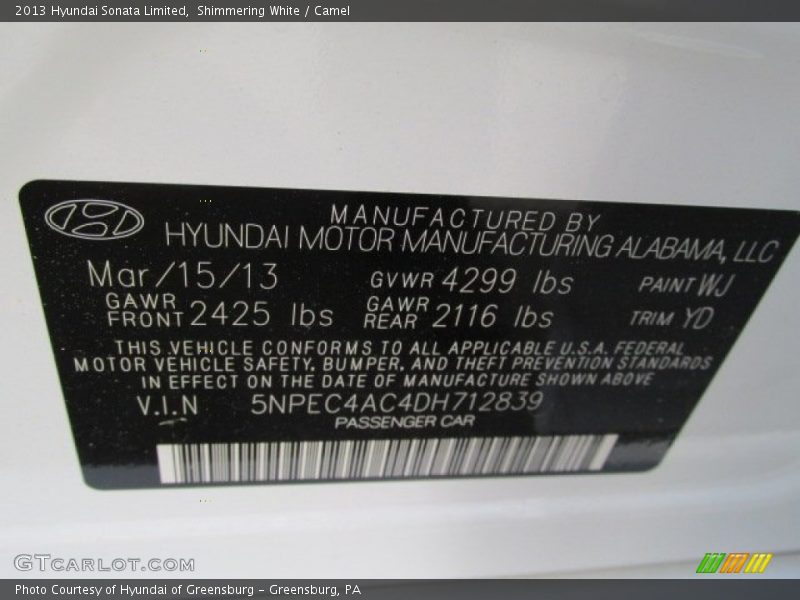 Shimmering White / Camel 2013 Hyundai Sonata Limited