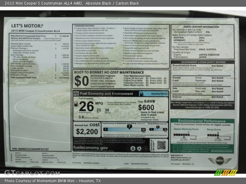  2013 Cooper S Countryman ALL4 AWD Window Sticker