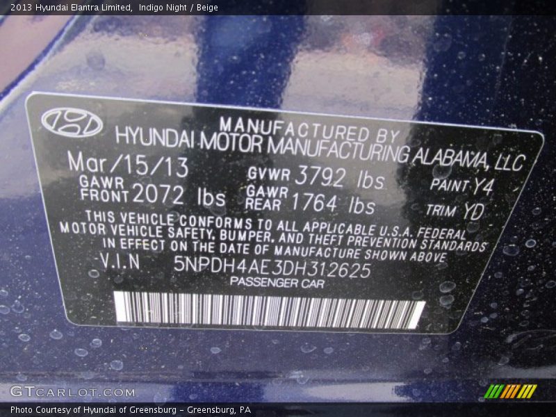 Indigo Night / Beige 2013 Hyundai Elantra Limited