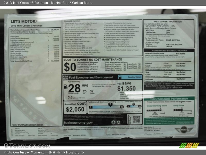  2013 Cooper S Paceman Window Sticker
