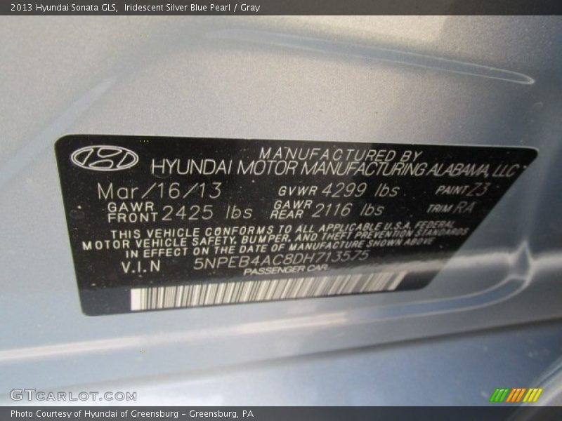 Iridescent Silver Blue Pearl / Gray 2013 Hyundai Sonata GLS