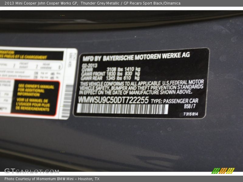 2013 Cooper John Cooper Works GP Thunder Grey Metallic Color Code B58