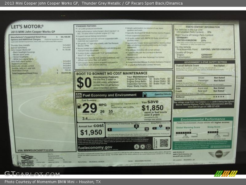  2013 Cooper John Cooper Works GP Window Sticker