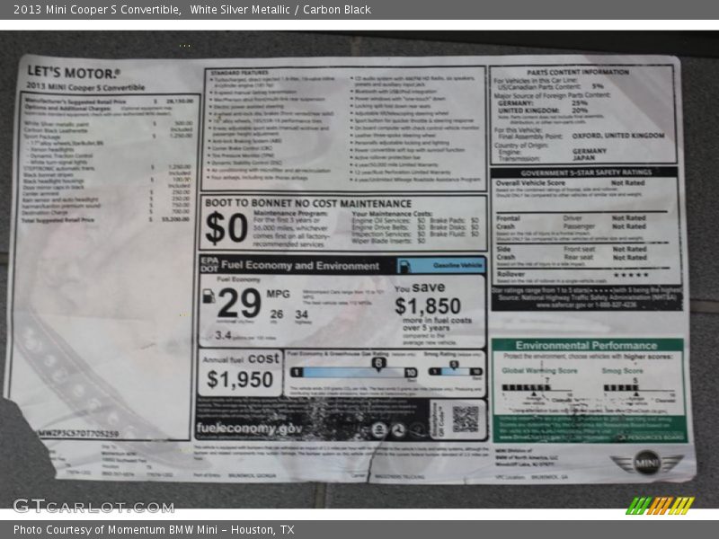  2013 Cooper S Convertible Window Sticker