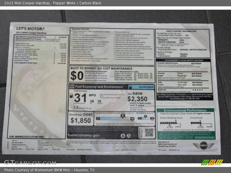 Pepper White / Carbon Black 2013 Mini Cooper Hardtop
