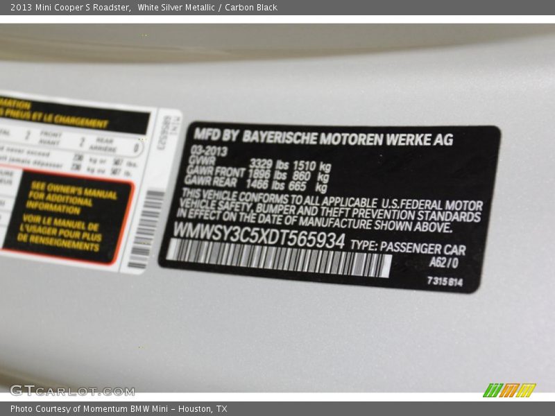 2013 Cooper S Roadster White Silver Metallic Color Code A62