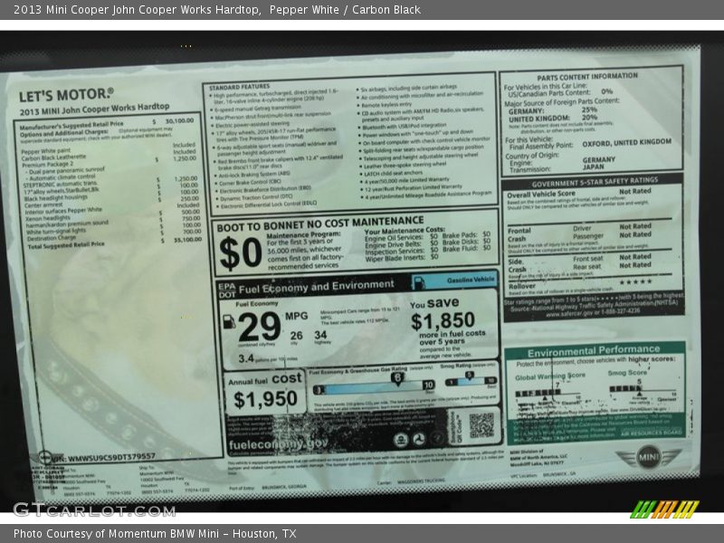 Pepper White / Carbon Black 2013 Mini Cooper John Cooper Works Hardtop
