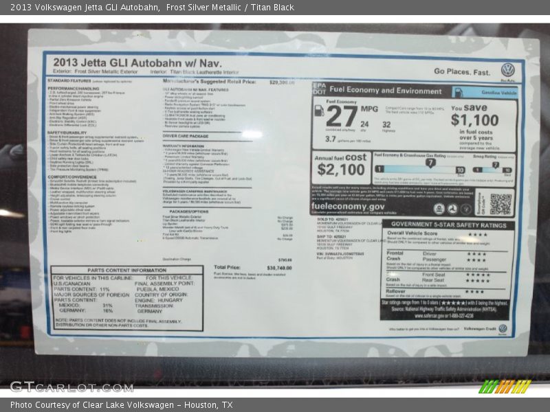  2013 Jetta GLI Autobahn Window Sticker