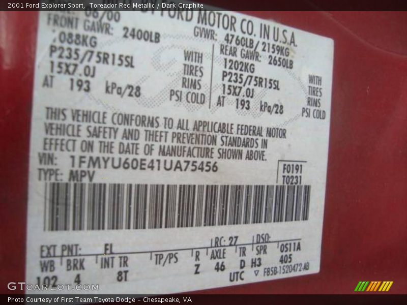 Toreador Red Metallic / Dark Graphite 2001 Ford Explorer Sport