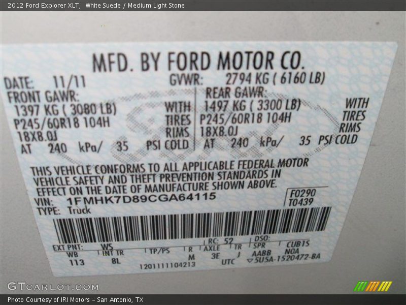 White Suede / Medium Light Stone 2012 Ford Explorer XLT