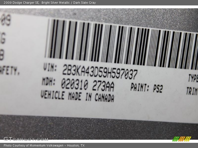 Bright Silver Metallic / Dark Slate Gray 2009 Dodge Charger SE