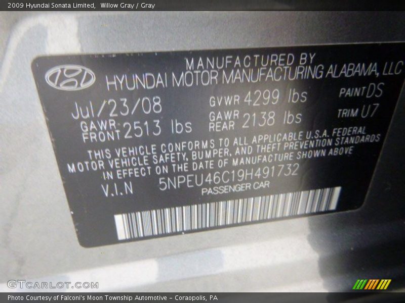 Willow Gray / Gray 2009 Hyundai Sonata Limited