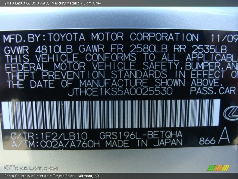 Mercury Metallic / Light Gray 2010 Lexus GS 350 AWD