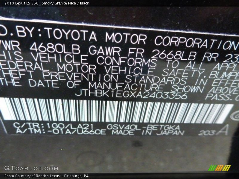 Smoky Granite Mica / Black 2010 Lexus ES 350