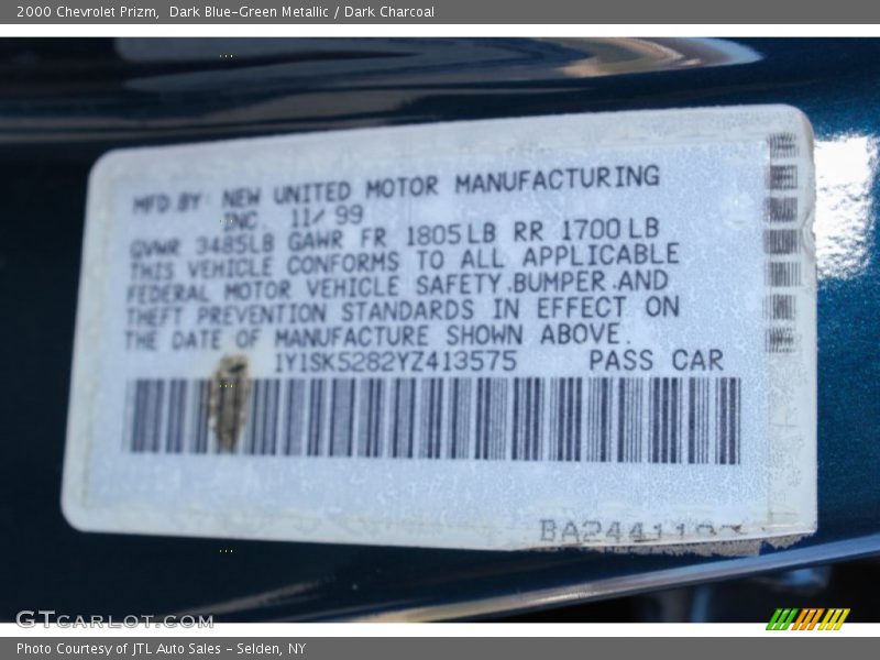 Dark Blue-Green Metallic / Dark Charcoal 2000 Chevrolet Prizm