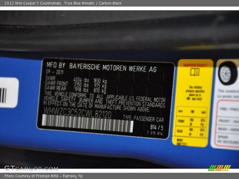 True Blue Metallic / Carbon Black 2012 Mini Cooper S Countryman