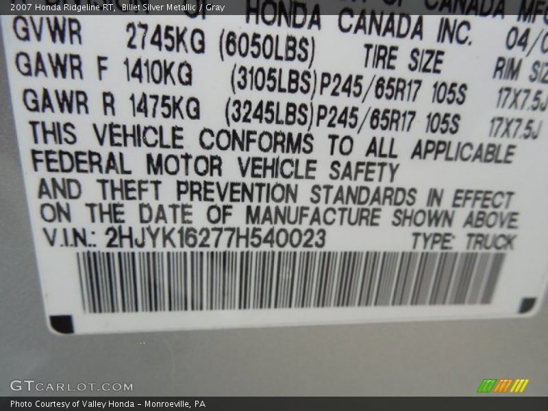 Billet Silver Metallic / Gray 2007 Honda Ridgeline RT