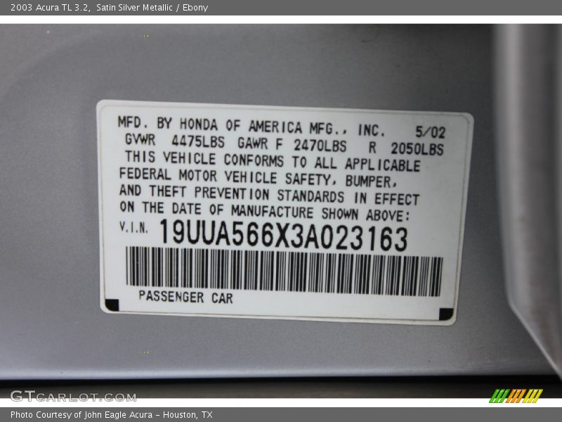 Satin Silver Metallic / Ebony 2003 Acura TL 3.2