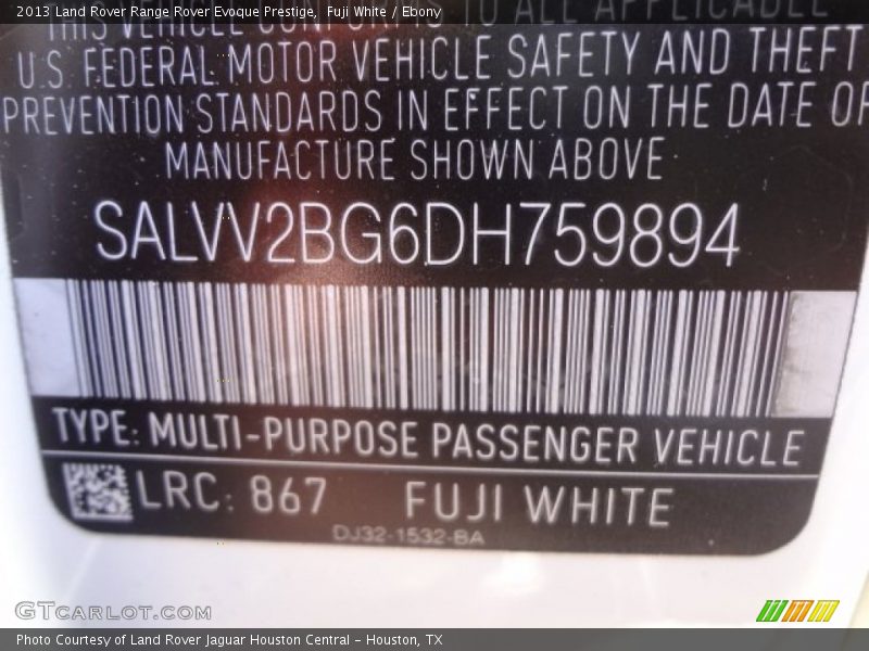 2013 Range Rover Evoque Prestige Fuji White Color Code 867