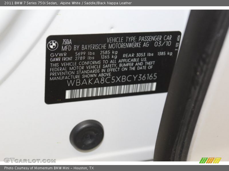 Alpine White / Saddle/Black Nappa Leather 2011 BMW 7 Series 750i Sedan
