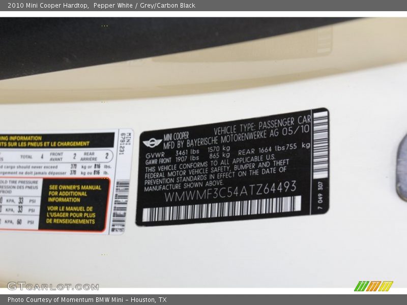 Pepper White / Grey/Carbon Black 2010 Mini Cooper Hardtop