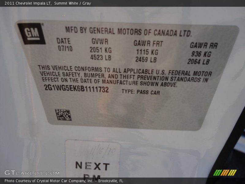 Summit White / Gray 2011 Chevrolet Impala LT