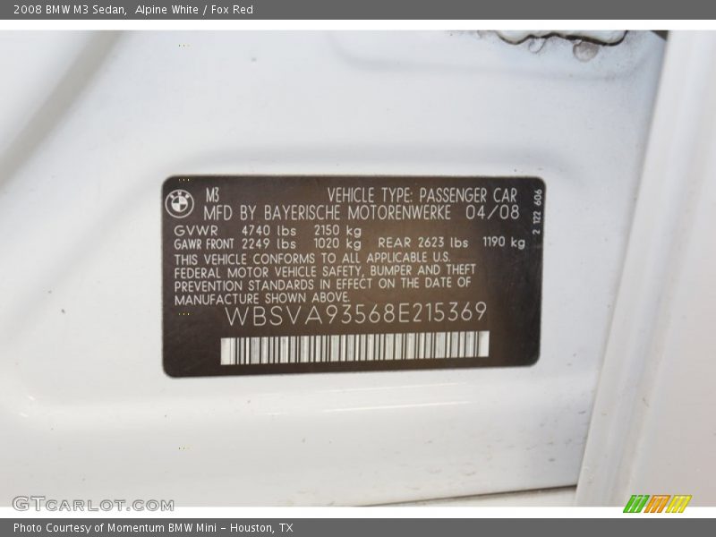 Alpine White / Fox Red 2008 BMW M3 Sedan