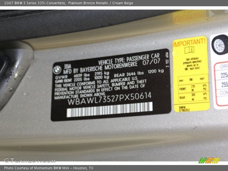 Platinum Bronze Metallic / Cream Beige 2007 BMW 3 Series 335i Convertible