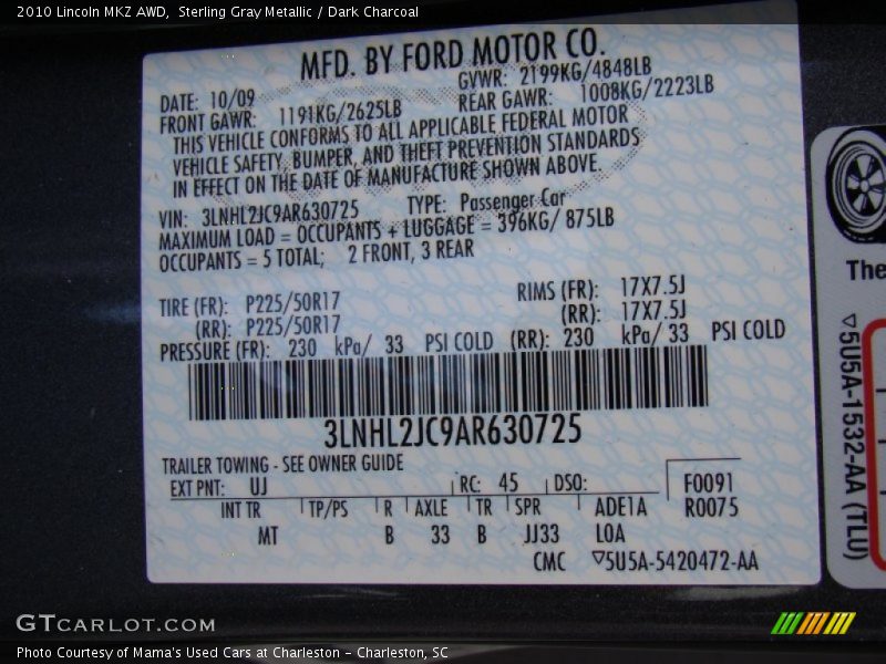 2010 MKZ AWD Sterling Gray Metallic Color Code UJ