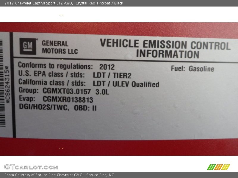Info Tag of 2012 Captiva Sport LTZ AWD