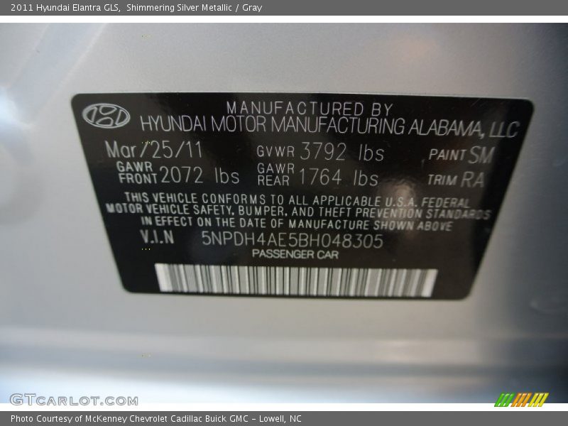 Shimmering Silver Metallic / Gray 2011 Hyundai Elantra GLS