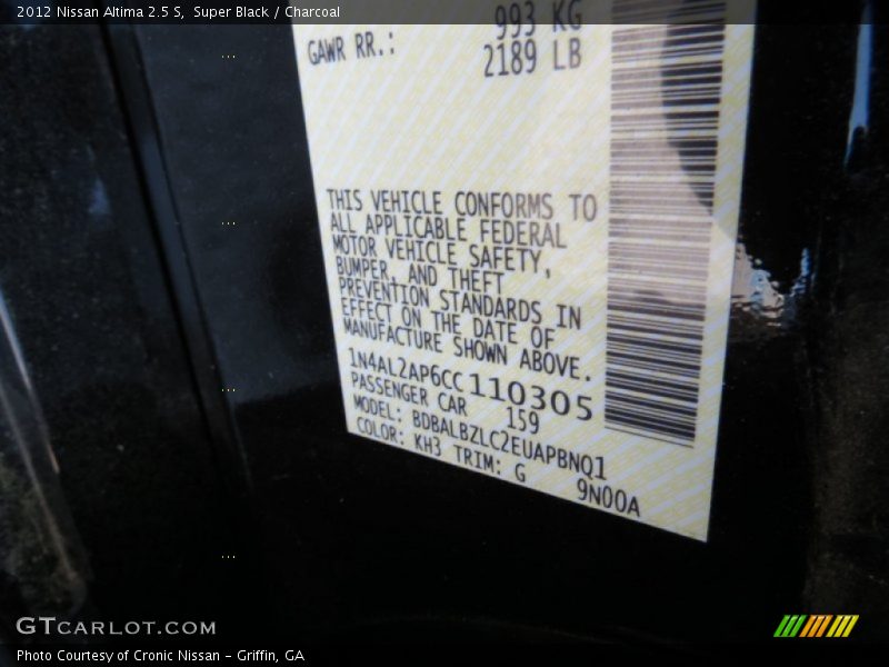 Super Black / Charcoal 2012 Nissan Altima 2.5 S