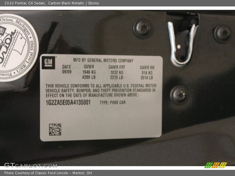 Carbon Black Metallic / Ebony 2010 Pontiac G6 Sedan