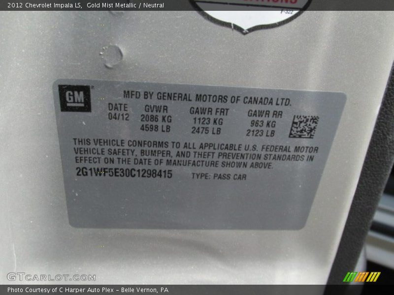 Gold Mist Metallic / Neutral 2012 Chevrolet Impala LS
