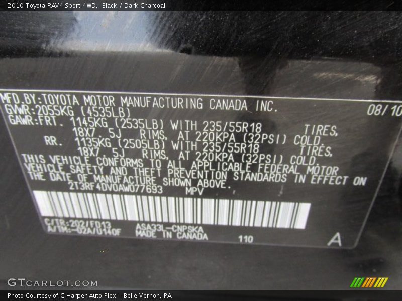 Black / Dark Charcoal 2010 Toyota RAV4 Sport 4WD