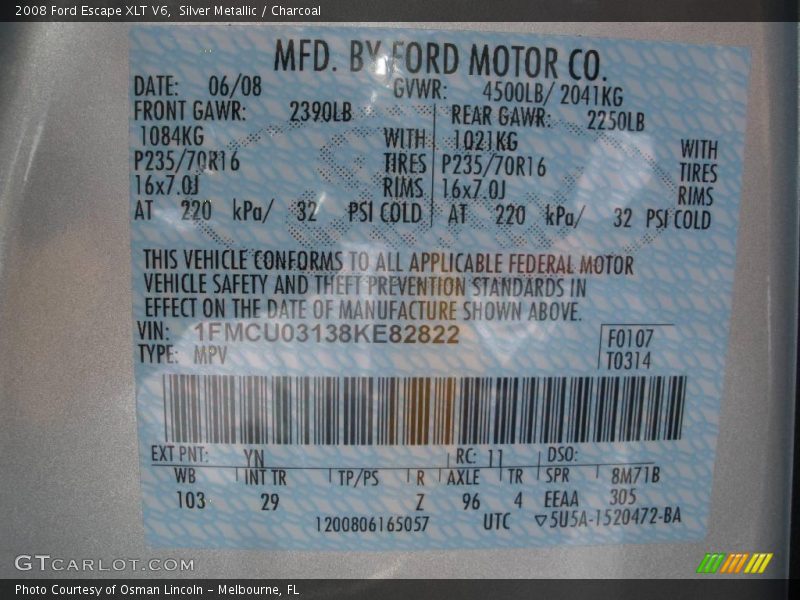 Silver Metallic / Charcoal 2008 Ford Escape XLT V6