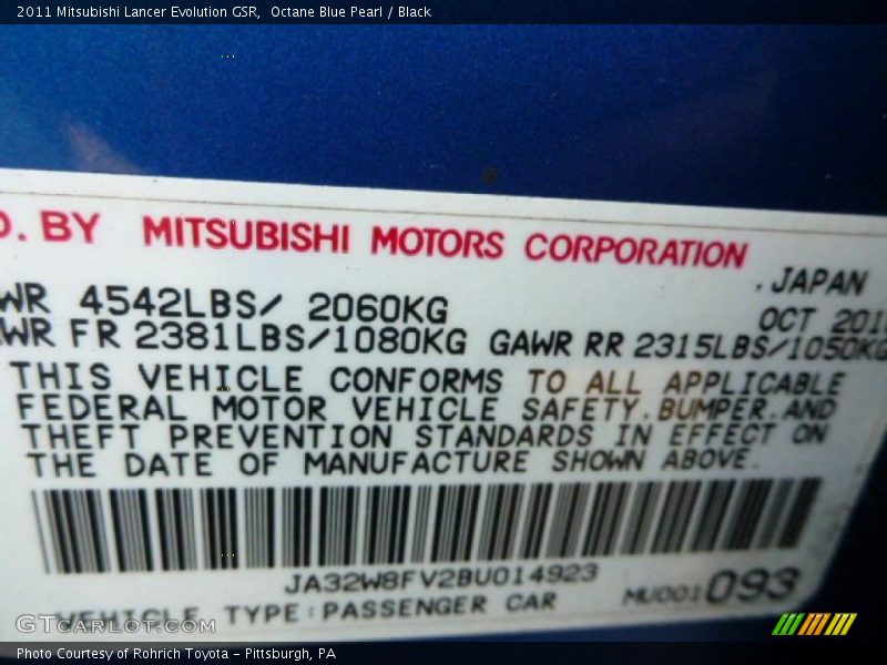 Octane Blue Pearl / Black 2011 Mitsubishi Lancer Evolution GSR