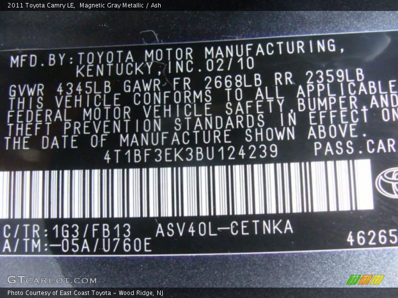 Magnetic Gray Metallic / Ash 2011 Toyota Camry LE