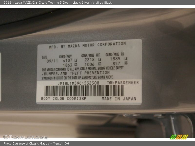 2012 MAZDA3 s Grand Touring 5 Door Liquid Silver Metallic Color Code 38P