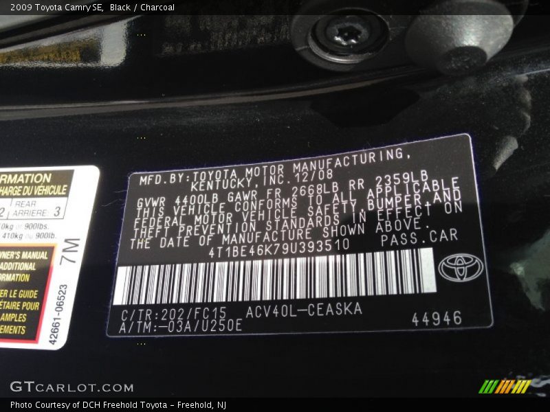Black / Charcoal 2009 Toyota Camry SE