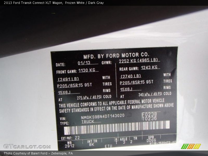 2013 Transit Connect XLT Wagon Frozen White Color Code Z2