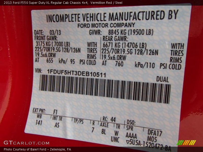 2013 F550 Super Duty XL Regular Cab Chassis 4x4 Vermillion Red Color Code F1