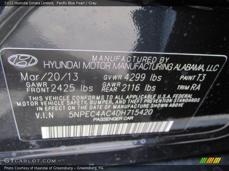 Pacific Blue Pearl / Gray 2013 Hyundai Sonata Limited