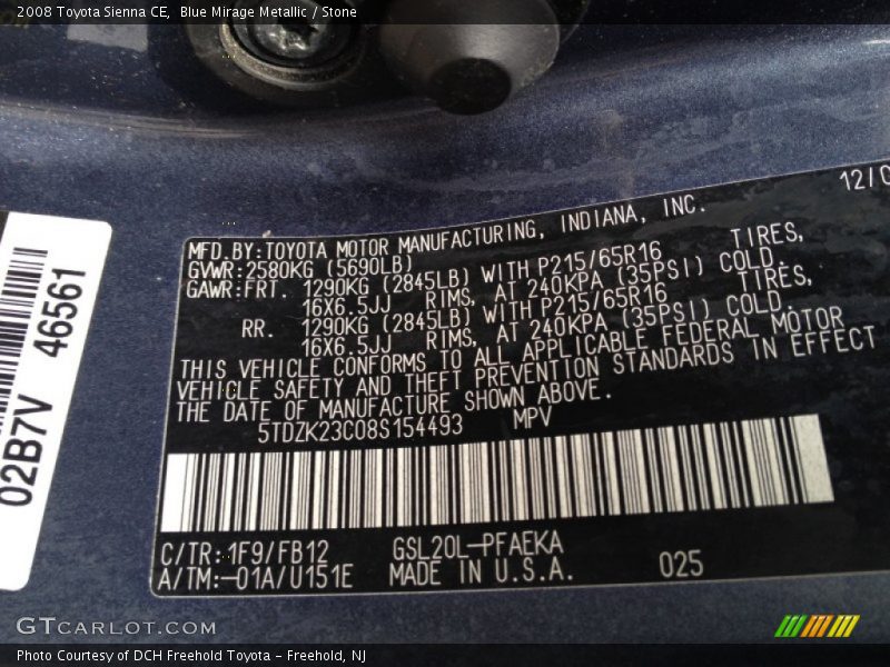 Blue Mirage Metallic / Stone 2008 Toyota Sienna CE